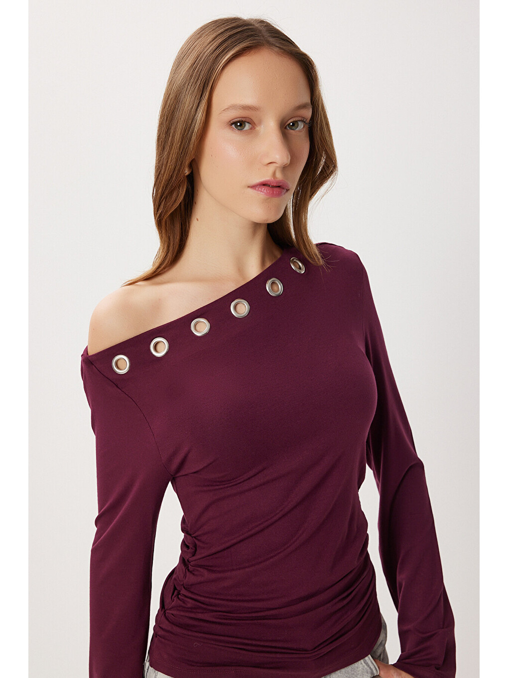 Bordo Asimetrik Halkalı Örme Bluz BORDO LUB0277-1