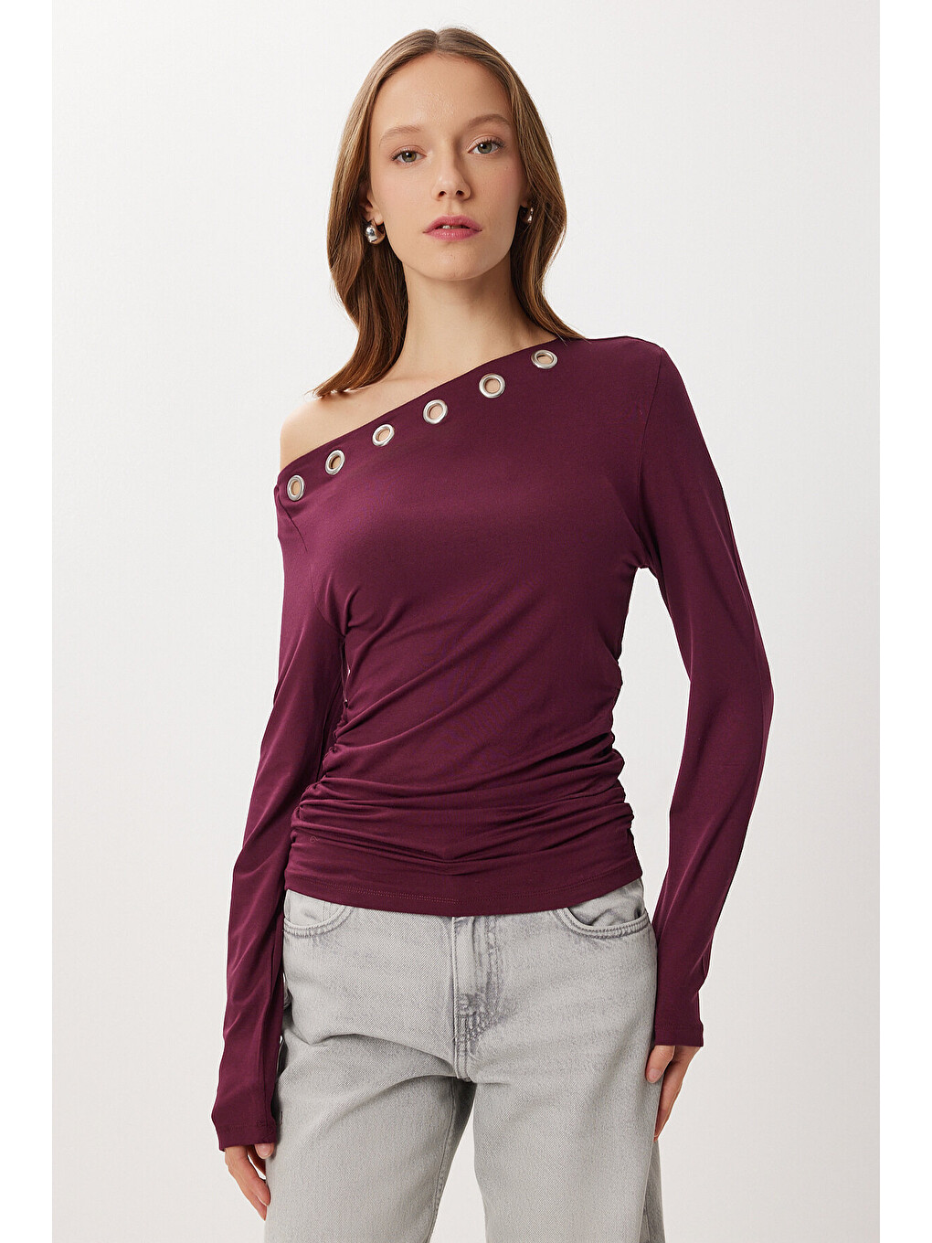 Bordo Asimetrik Halkalı Örme Bluz BORDO LUB0277-2