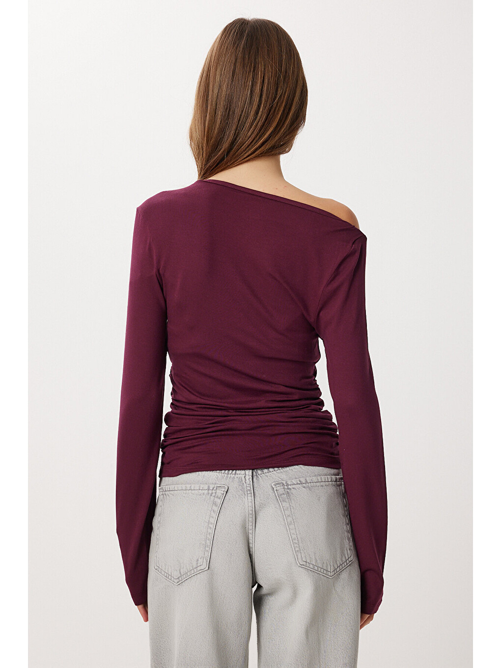 Bordo Asimetrik Halkalı Örme Bluz BORDO LUB0277-3