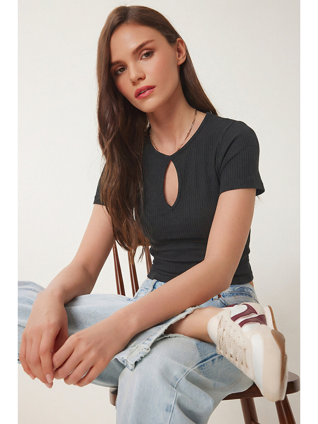 Antrasit Cut Out Detaylı Crop Fitilli Örme Bluz ANTRASİT LEX0008