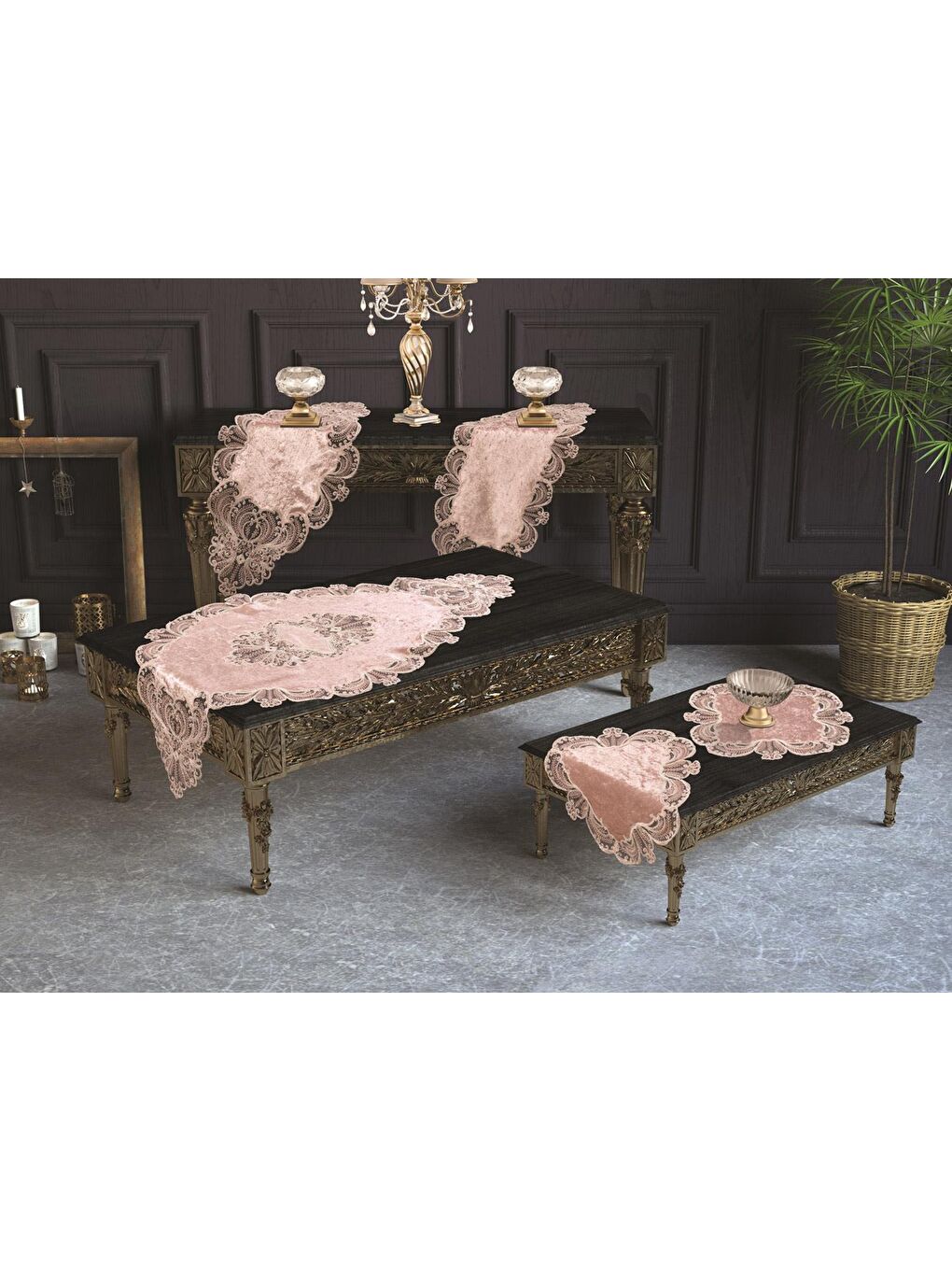 Pembe Fransız Güpürlü Yasemin Kadife Salon Takımı 5 Parça Pudra