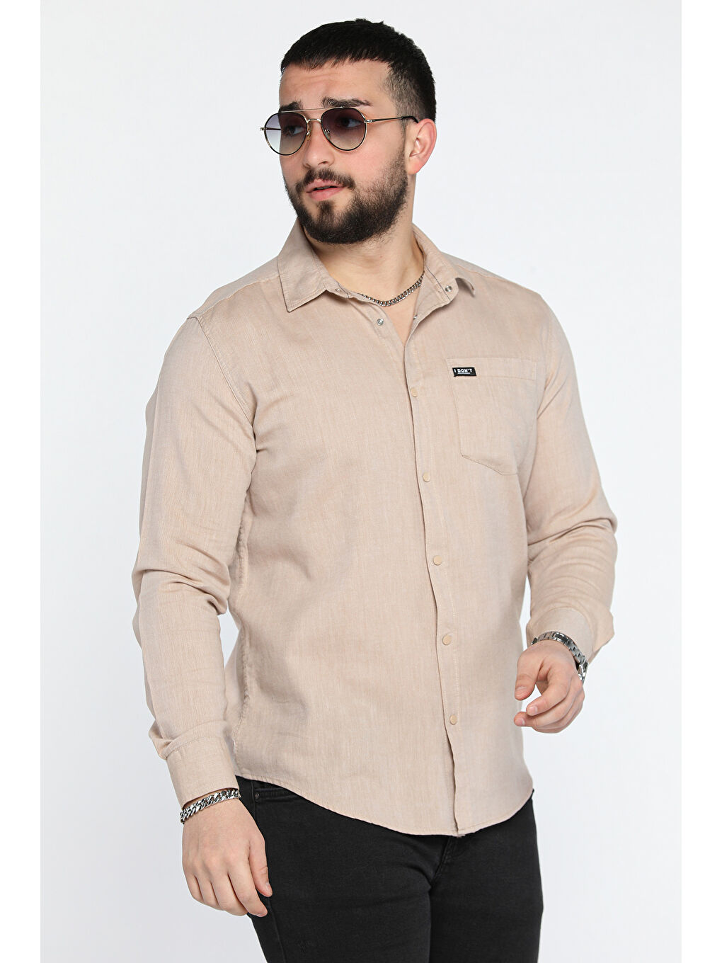 Bej Erkek Tek Cepli Ön Çıtçıtlı Uzun Kol Gömlek-1