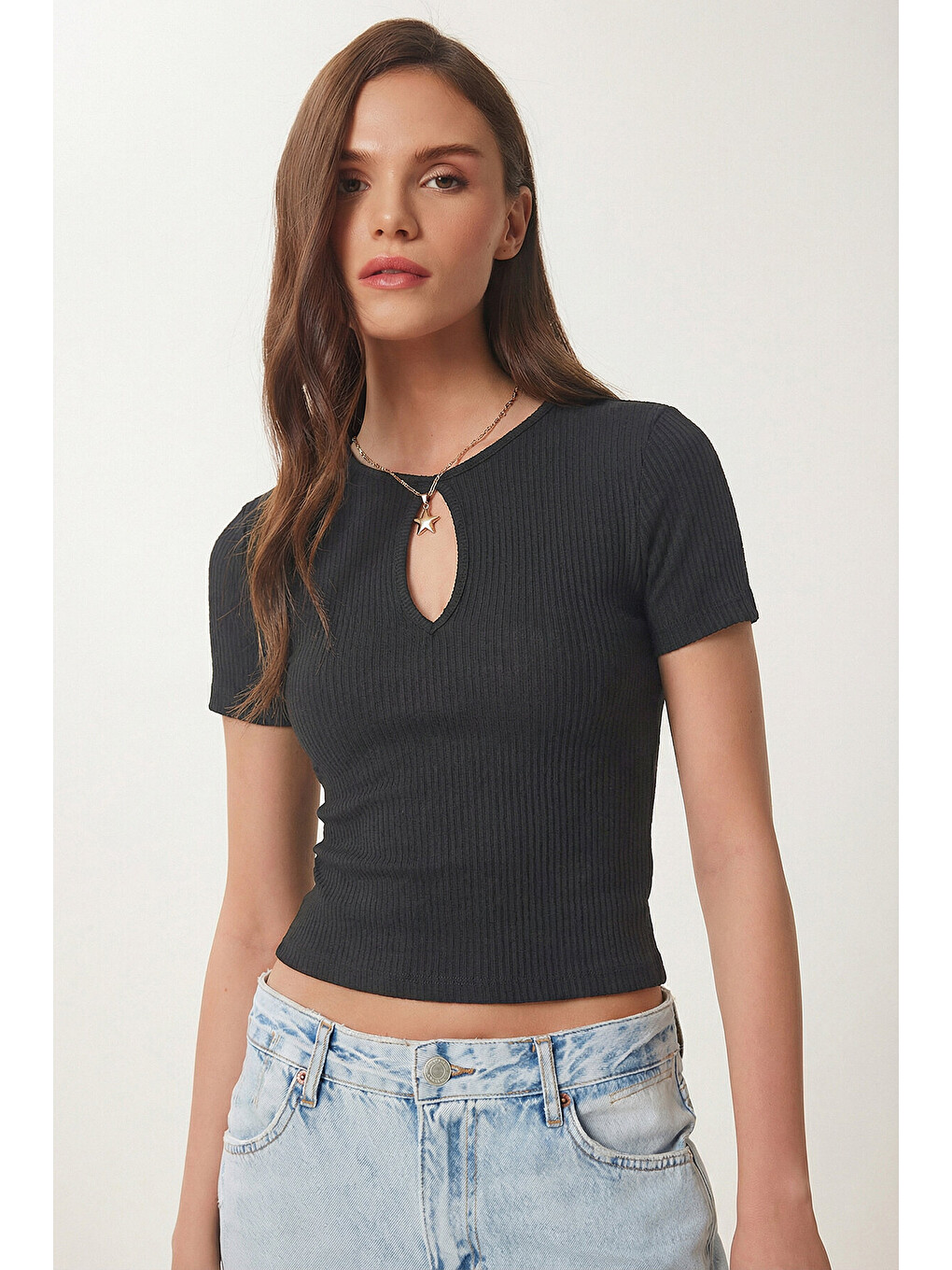 Antrasit Cut Out Detaylı Crop Fitilli Örme Bluz ANTRASİT LEX0008-1