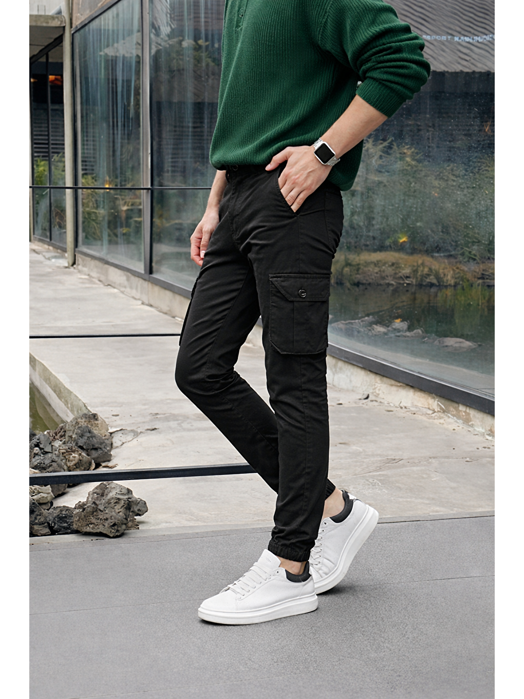 Erkek Trend Dar Kargo Cep Lastikli Paça Siyah Pantolon-4