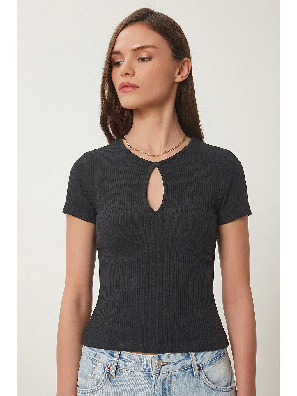 Antrasit Cut Out Detaylı Crop Fitilli Örme Bluz ANTRASİT LEX0008-2