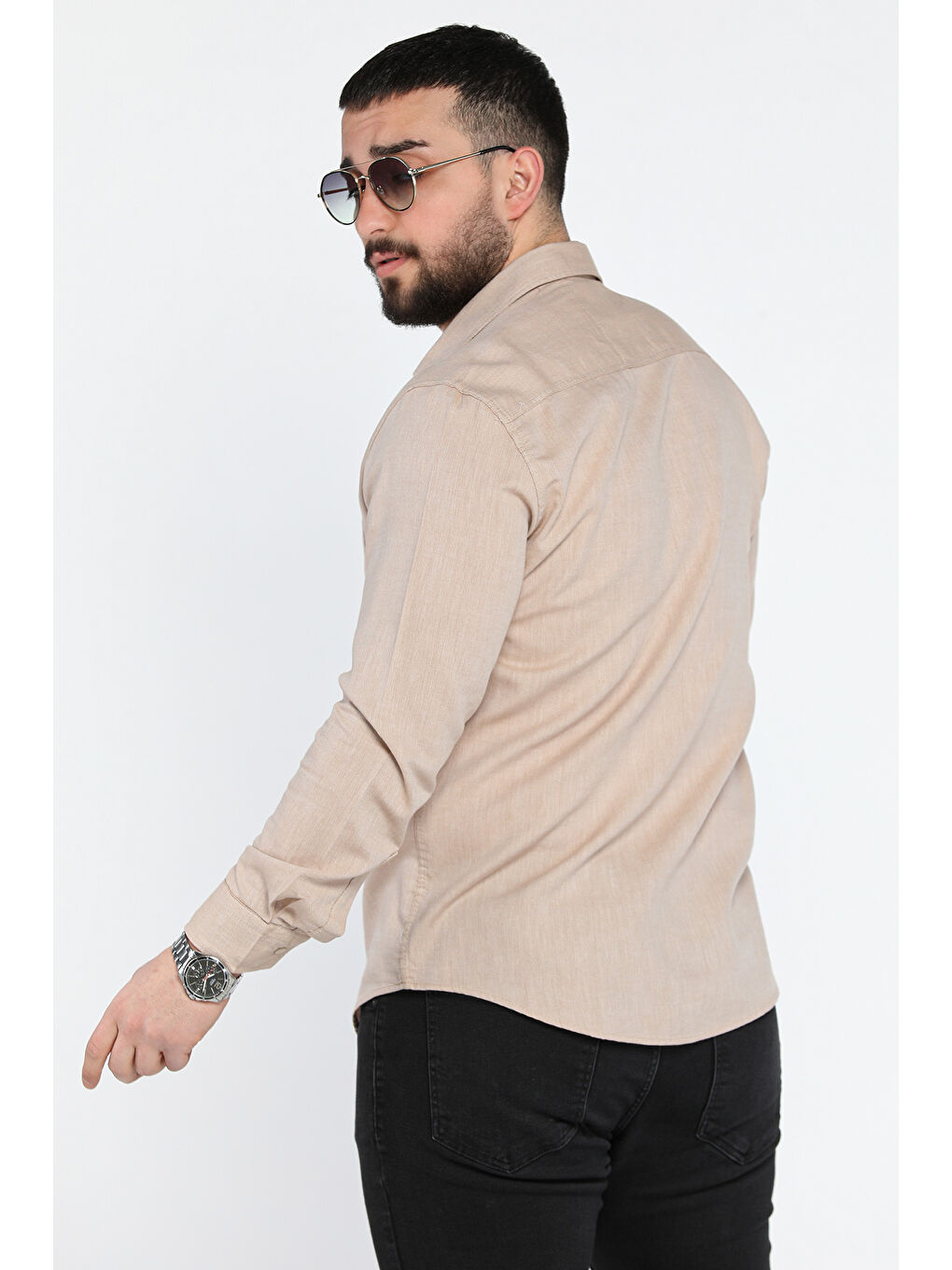 Bej Erkek Tek Cepli Ön Çıtçıtlı Uzun Kol Gömlek-2