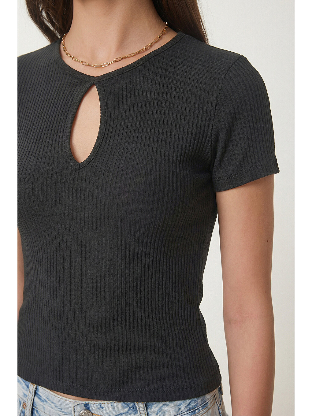 Antrasit Cut Out Detaylı Crop Fitilli Örme Bluz ANTRASİT LEX0008-3