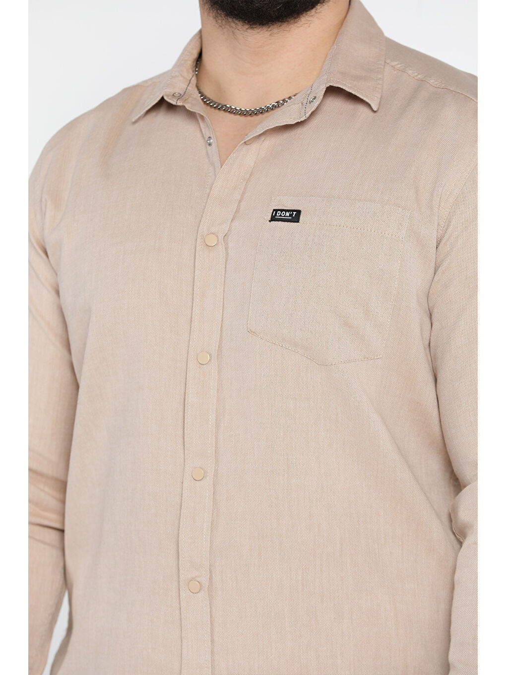 Bej Erkek Tek Cepli Ön Çıtçıtlı Uzun Kol Gömlek-3