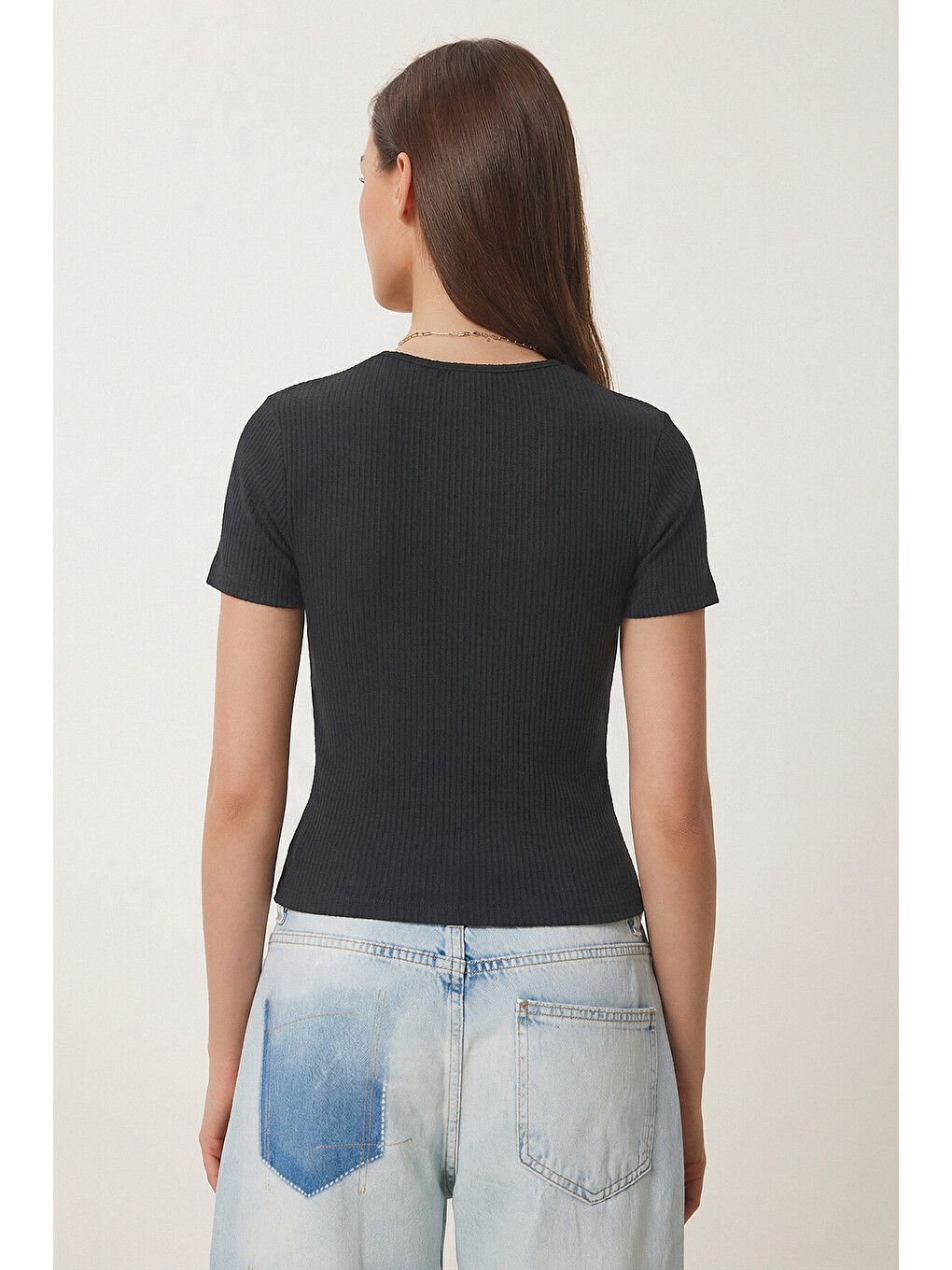 Antrasit Cut Out Detaylı Crop Fitilli Örme Bluz ANTRASİT LEX0008-4