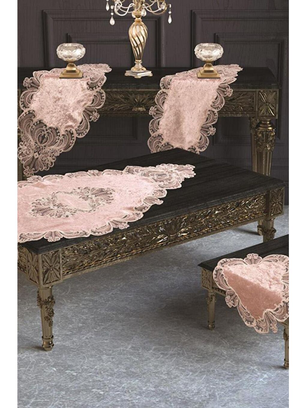 Pembe Fransız Güpürlü Yasemin Kadife Salon Takımı 5 Parça Pudra-1