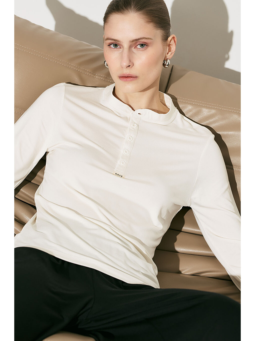 Easy Düğmeli Uzun Kol Bluz Ekru-8