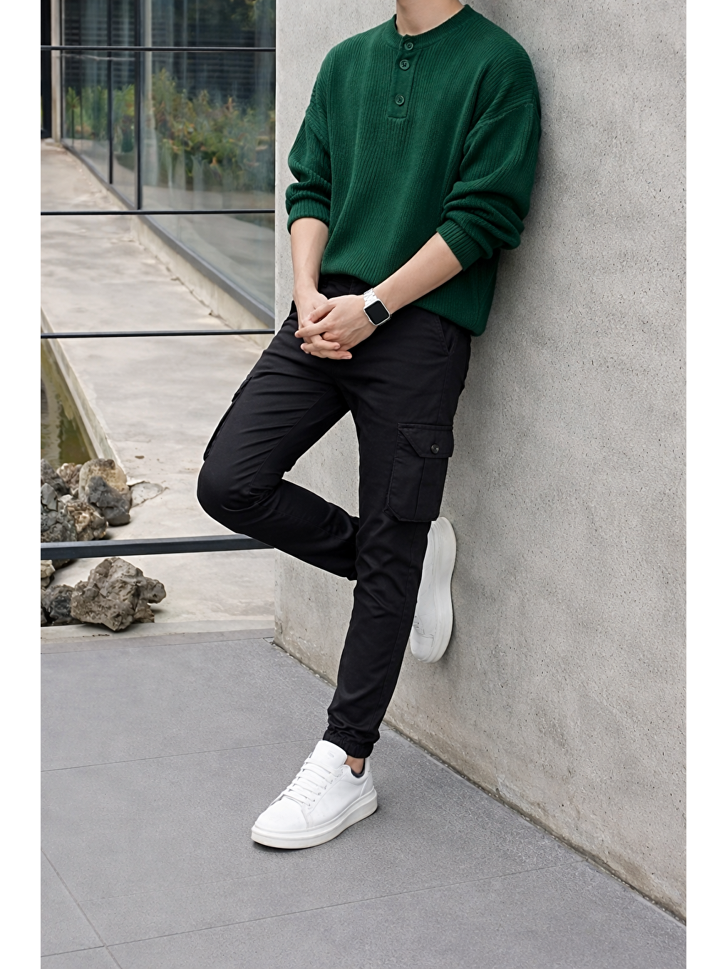 Erkek Trend Dar Kargo Cep Lastikli Paça Siyah Pantolon-5