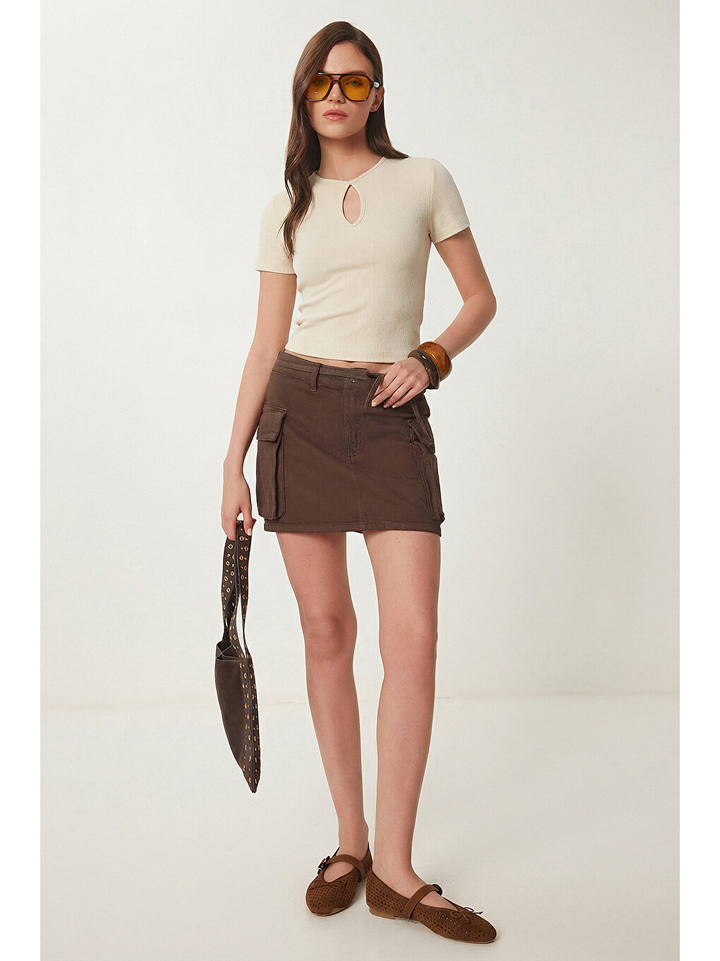 Ekru Cut Out Detaylı Crop Fitilli Örme Bluz KREM LEX0008-1