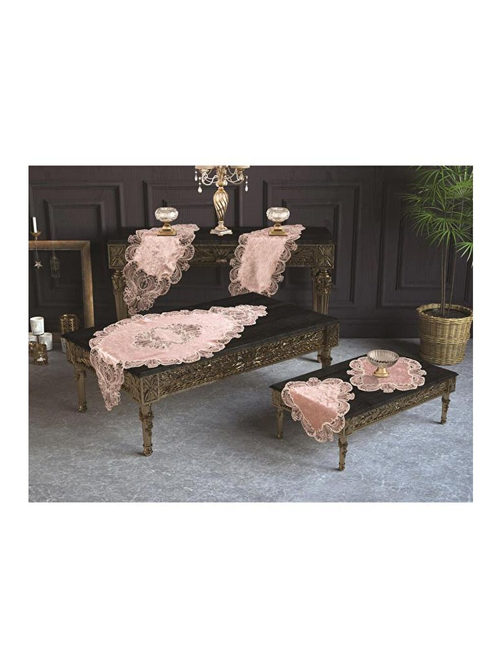 Pembe Fransız Güpürlü Yasemin Kadife Salon Takımı 5 Parça Pudra-2