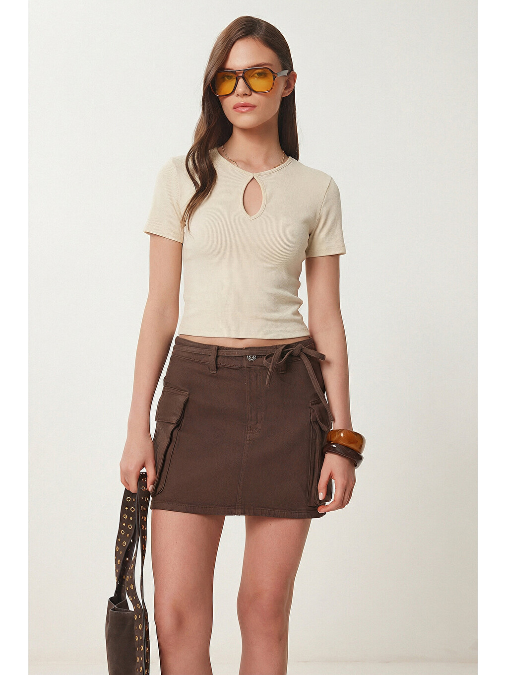 Ekru Cut Out Detaylı Crop Fitilli Örme Bluz KREM LEX0008-2