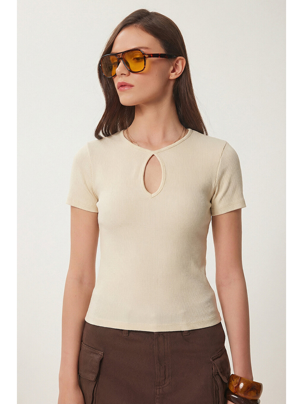Ekru Cut Out Detaylı Crop Fitilli Örme Bluz KREM LEX0008-3
