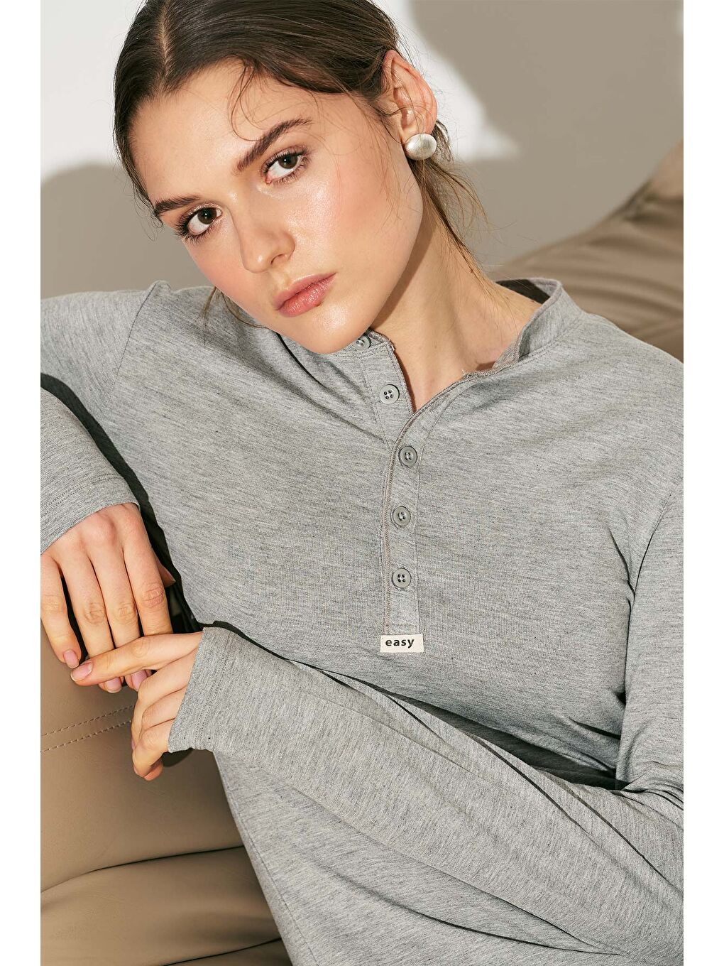 Easy Düğmeli Uzun Kol Bluz Gri Melanj