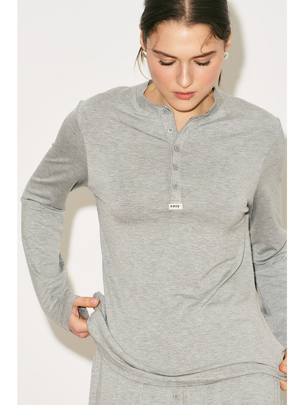 Easy Düğmeli Uzun Kol Bluz Gri Melanj-1