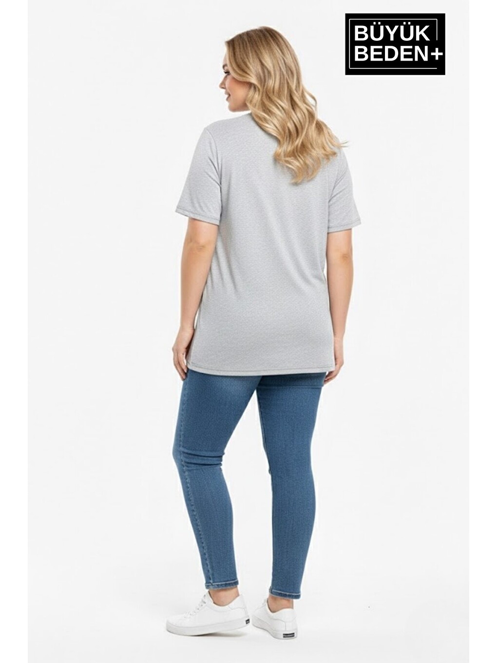 Gri Kadın Büyük Beden New York Baskılı 3xl-6xl Bisiklet Yaka Tshırt SPR25BTSK510-05-2