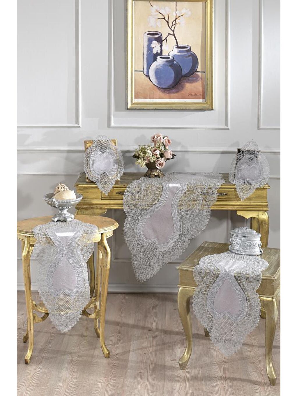 Fransız Güpürlü Kadife Yağmur Salon Takımı 5 Parça Gri