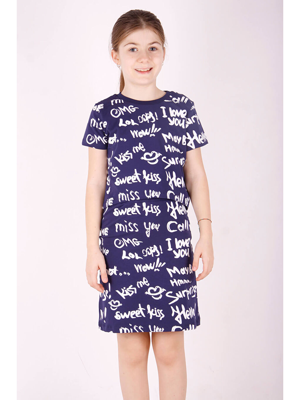 Lacivert Kız Çocuk Komple Yazı Baskılı Etekli Takım