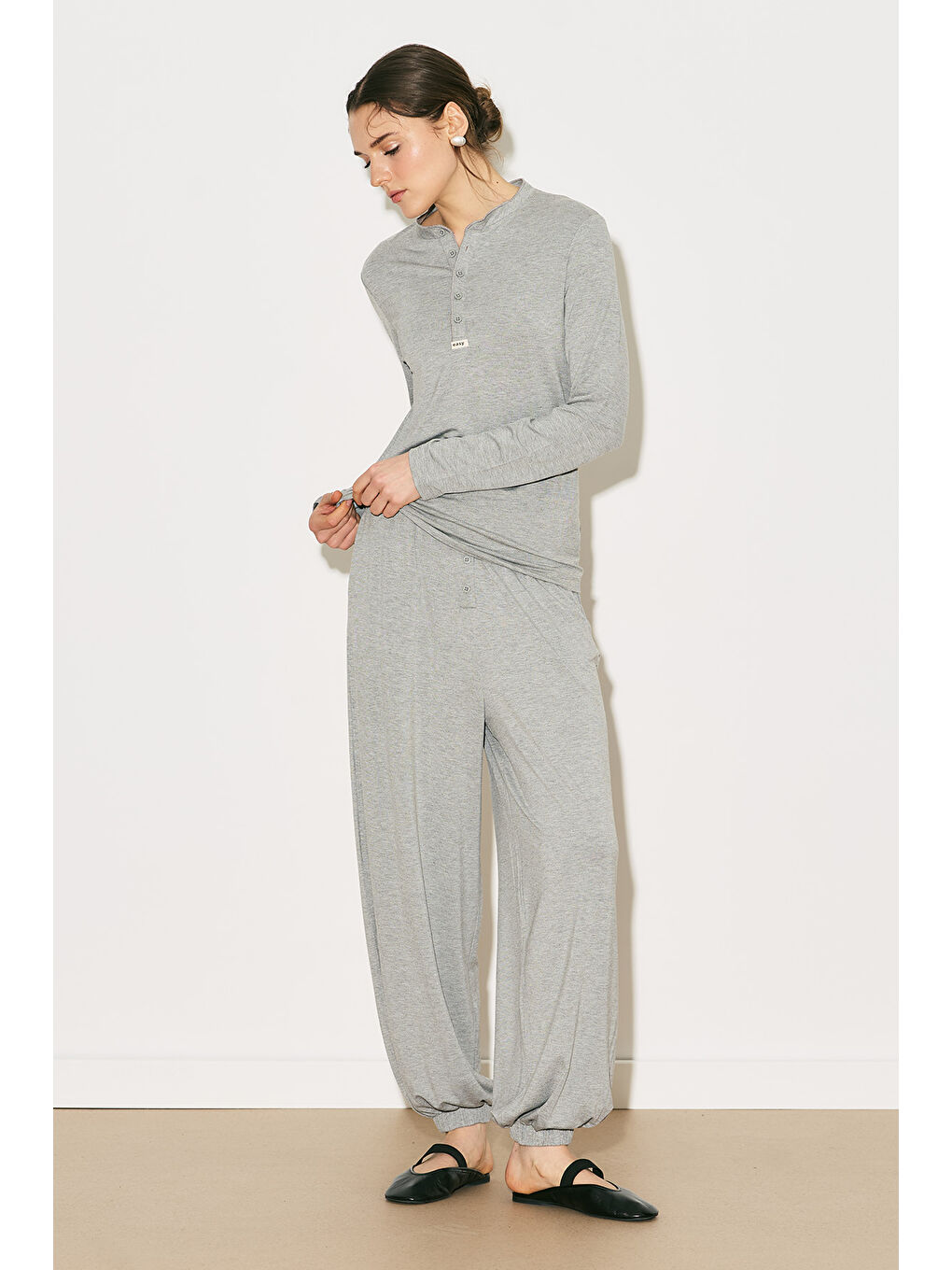 Easy Düğmeli Uzun Kol Bluz Gri Melanj-2