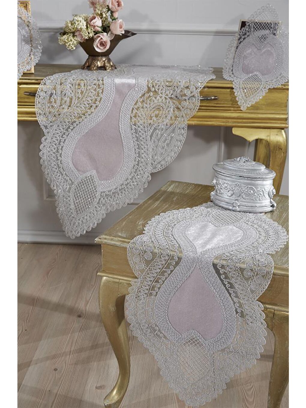 Fransız Güpürlü Kadife Yağmur Salon Takımı 5 Parça Gri-1