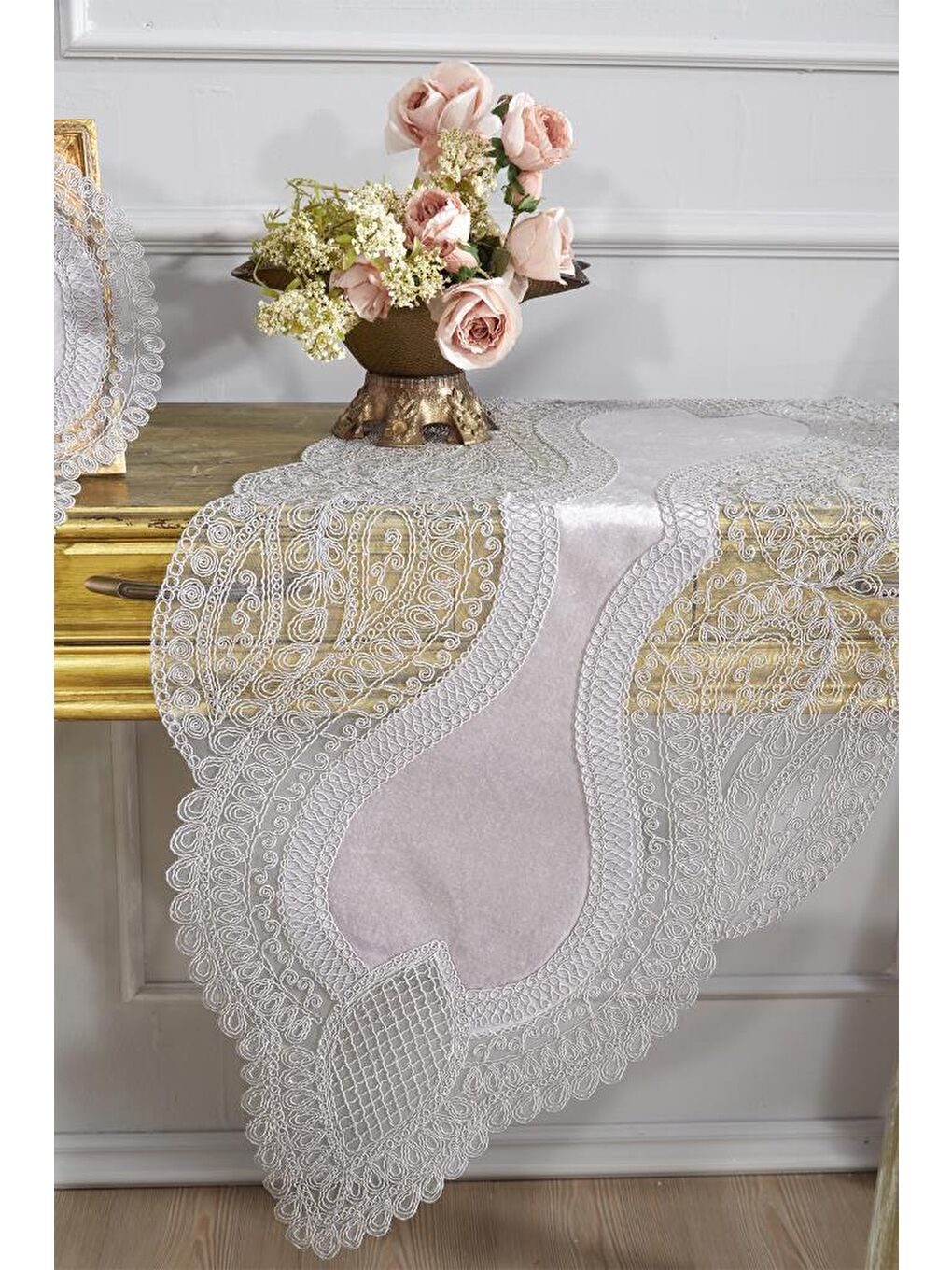 Fransız Güpürlü Kadife Yağmur Salon Takımı 5 Parça Gri-2