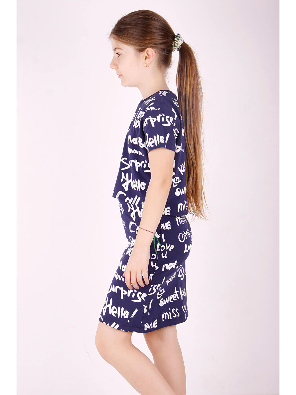 Lacivert Kız Çocuk Komple Yazı Baskılı Etekli Takım-4