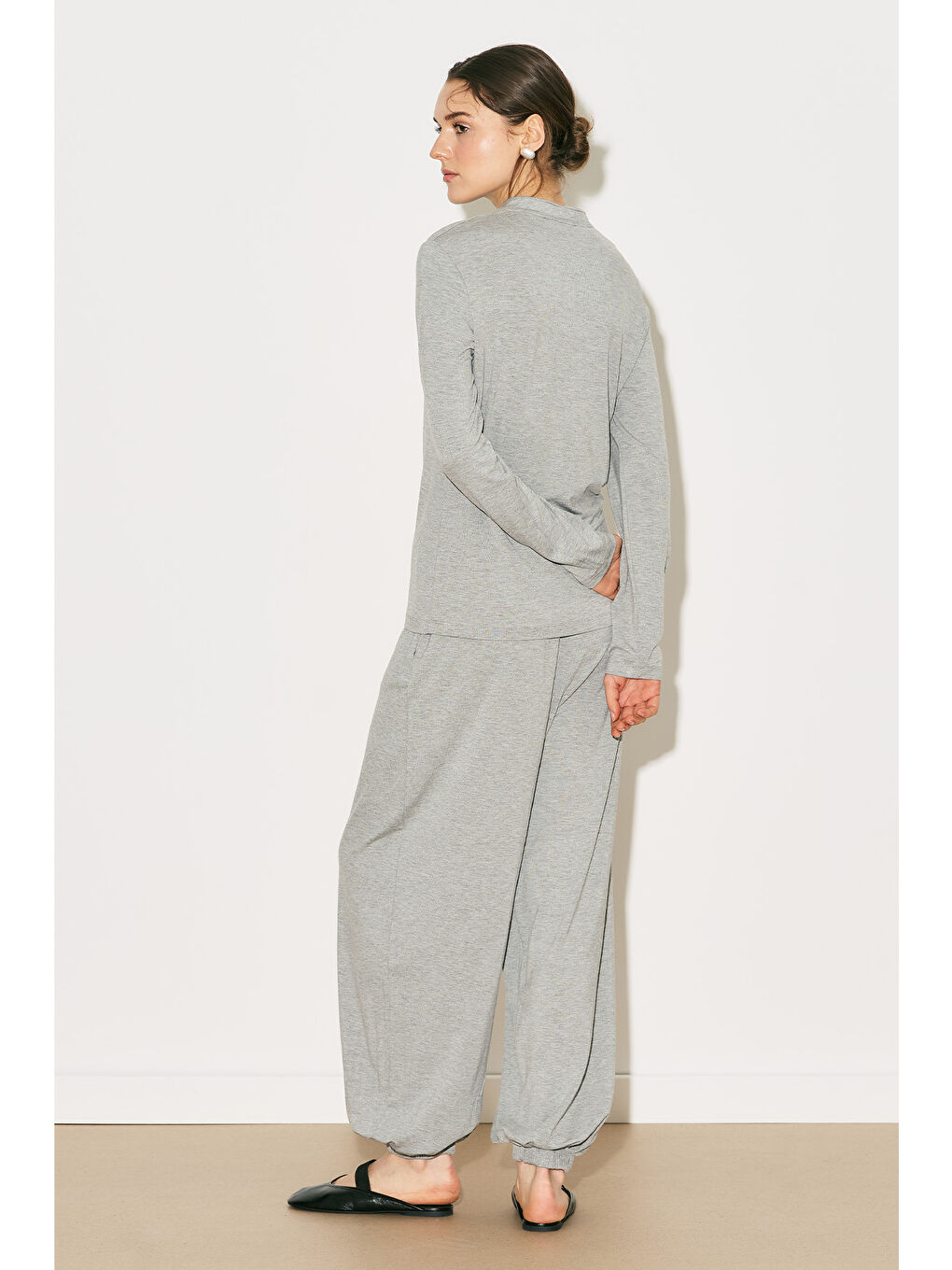 Easy Düğmeli Uzun Kol Bluz Gri Melanj-3