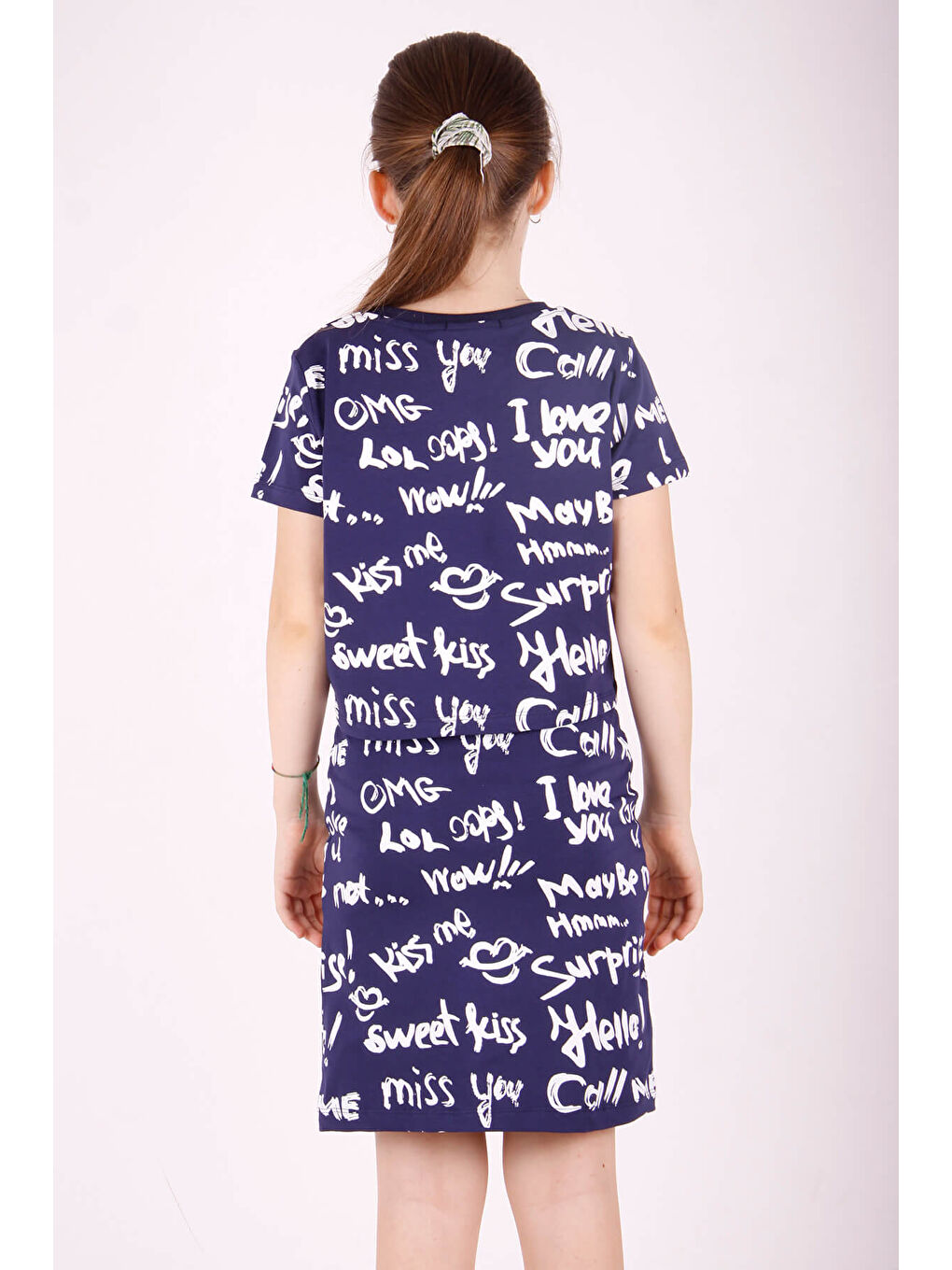 Lacivert Kız Çocuk Komple Yazı Baskılı Etekli Takım-5