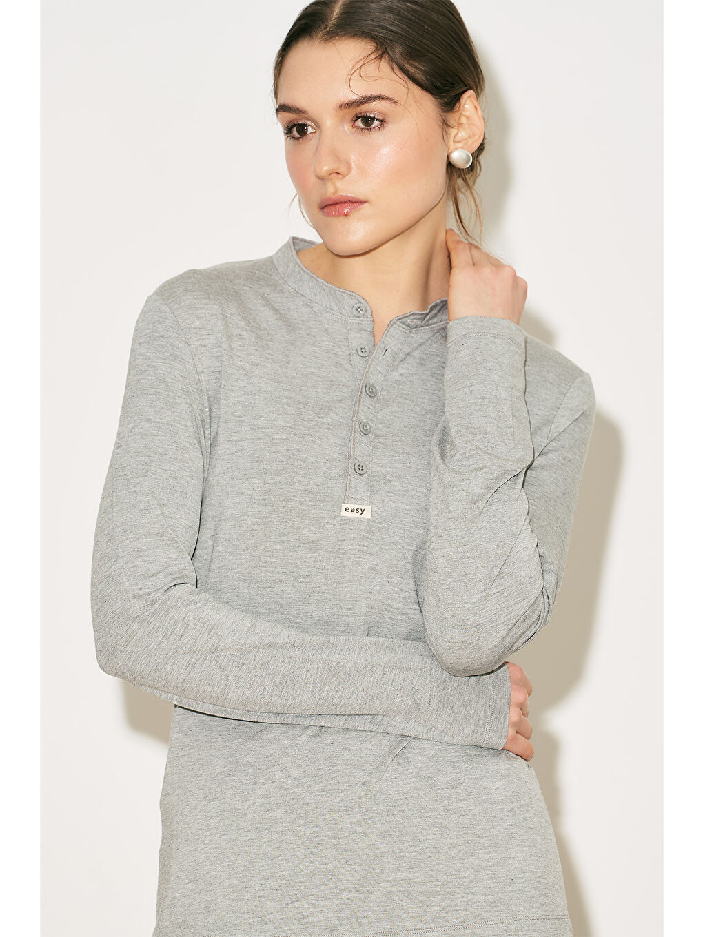 Easy Düğmeli Uzun Kol Bluz Gri Melanj-4