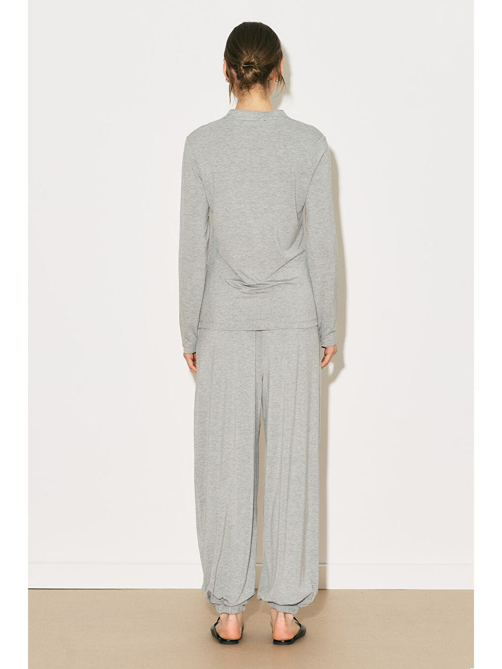 Easy Düğmeli Uzun Kol Bluz Gri Melanj-5