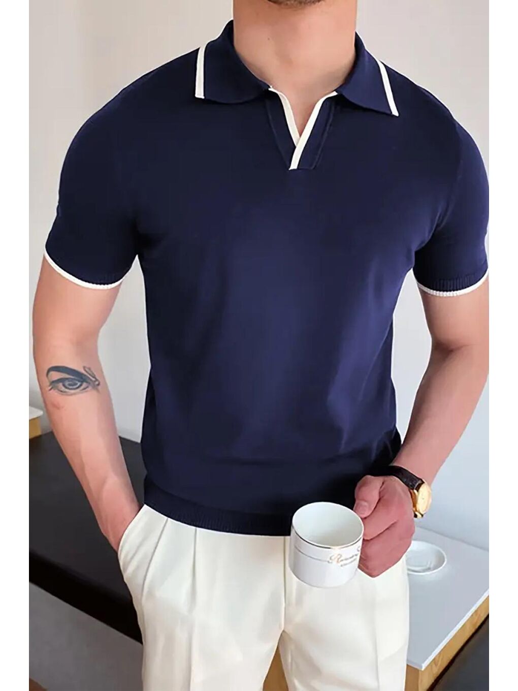 Lacivert Santos Yakası ve Kolu Şeritli Elastanlı Slim Fit Polo Yaka Örme Erkek Triko Tshirt