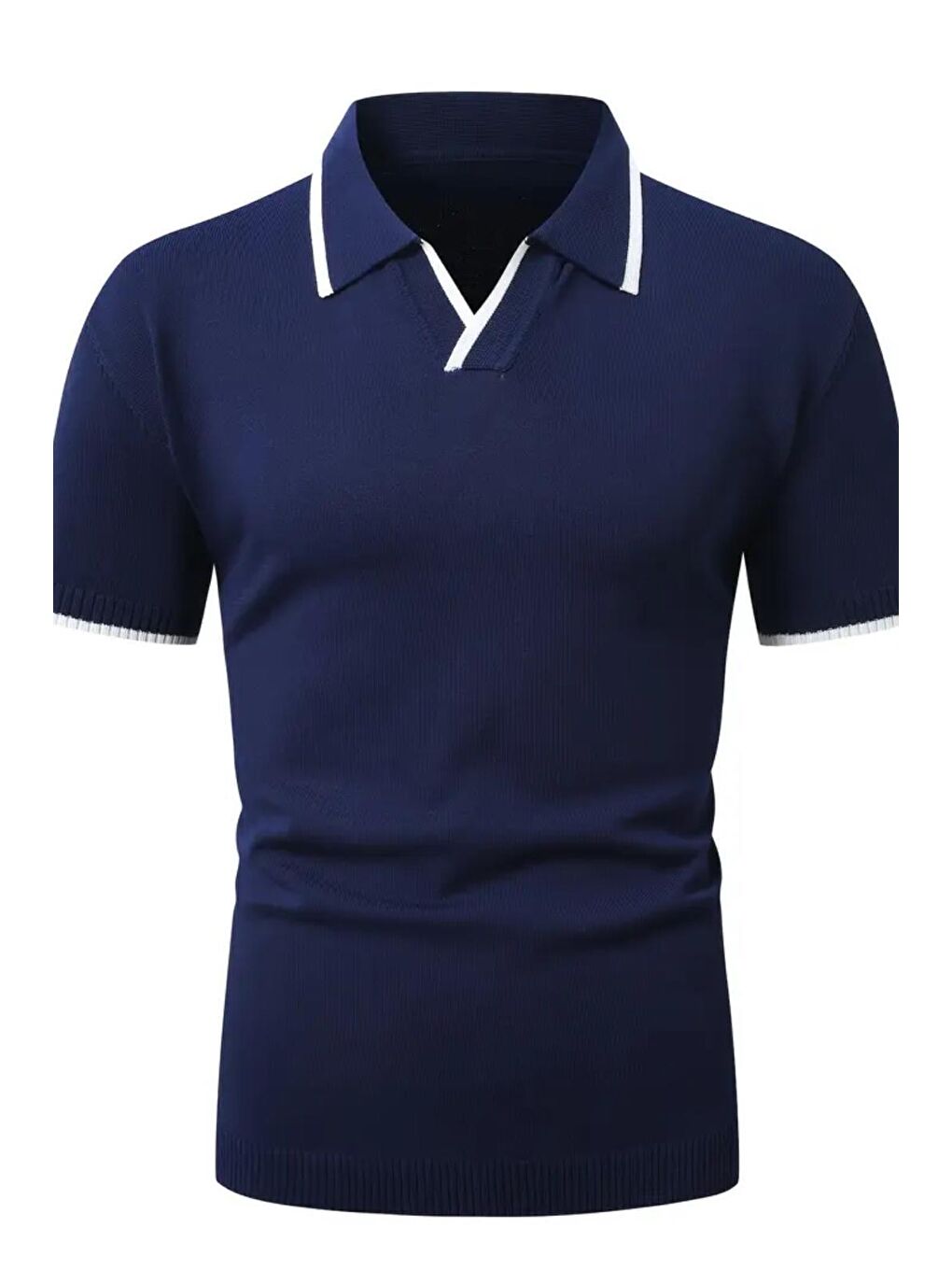 Lacivert Santos Yakası ve Kolu Şeritli Elastanlı Slim Fit Polo Yaka Örme Erkek Triko Tshirt-1