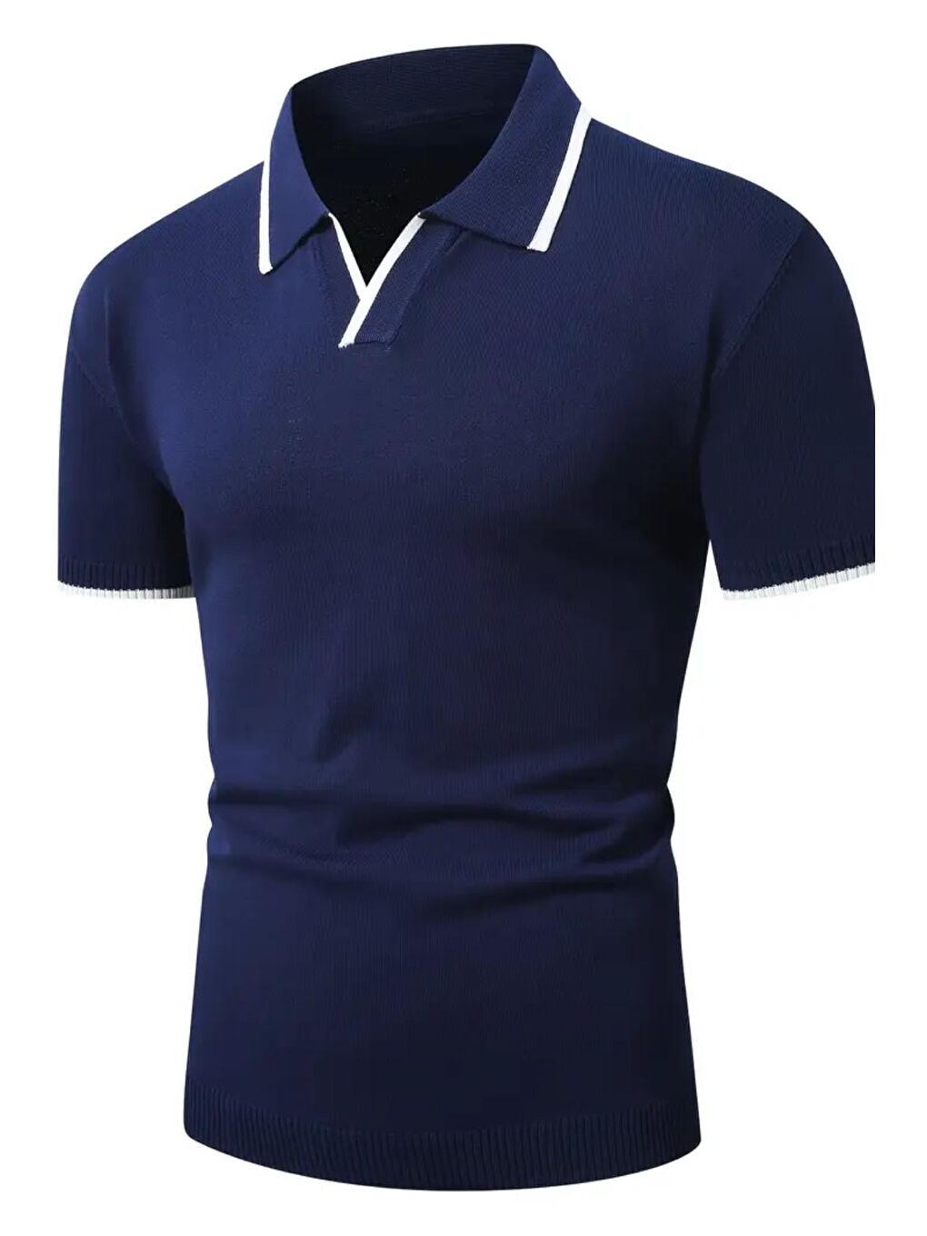 Lacivert Santos Yakası ve Kolu Şeritli Elastanlı Slim Fit Polo Yaka Örme Erkek Triko Tshirt-2