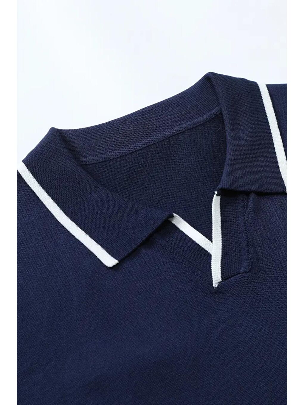 Lacivert Santos Yakası ve Kolu Şeritli Elastanlı Slim Fit Polo Yaka Örme Erkek Triko Tshirt-3