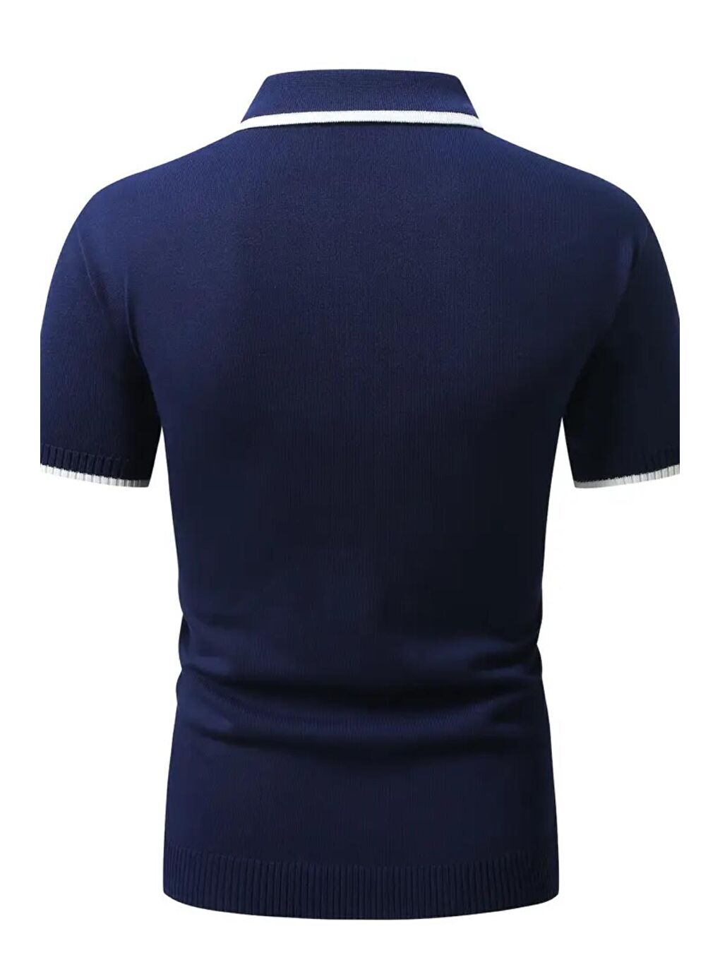 Lacivert Santos Yakası ve Kolu Şeritli Elastanlı Slim Fit Polo Yaka Örme Erkek Triko Tshirt-4