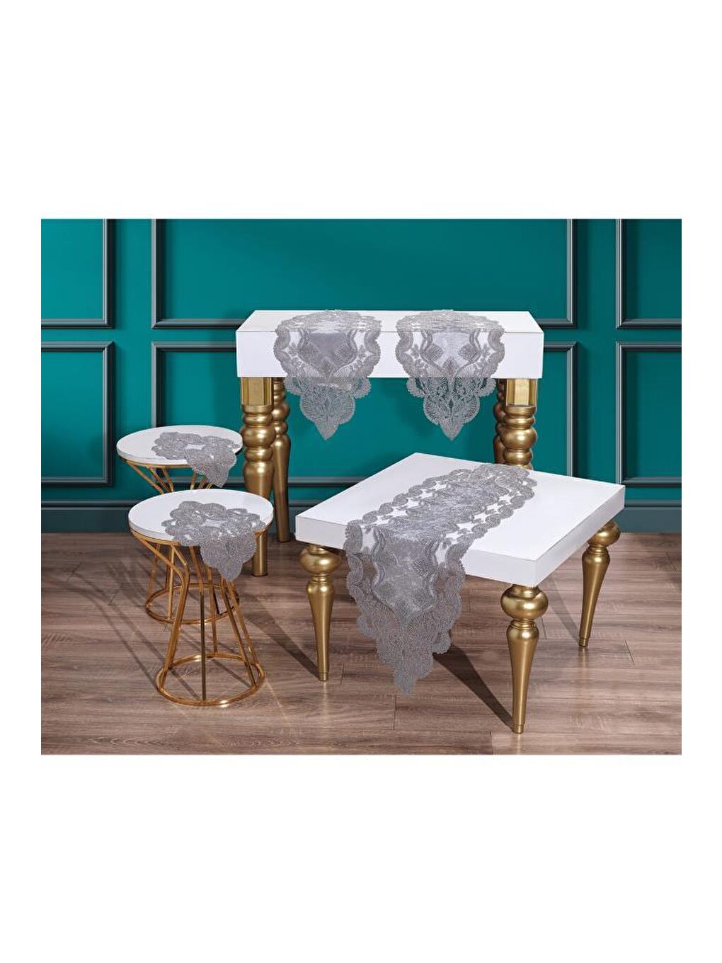 Fransız Güpürlü Kadife Midye Salon Takımı 5 Parça Gri-1