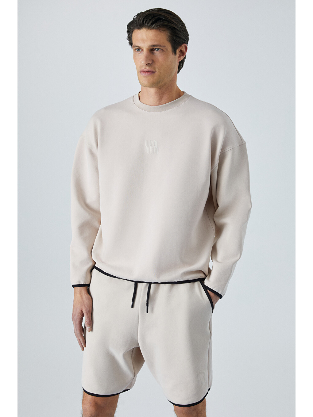 Bej Plemon Erkek Bisiklet Yaka Uzun Kol Baskı Detaylı Oversize Taş Sweatshirt-2