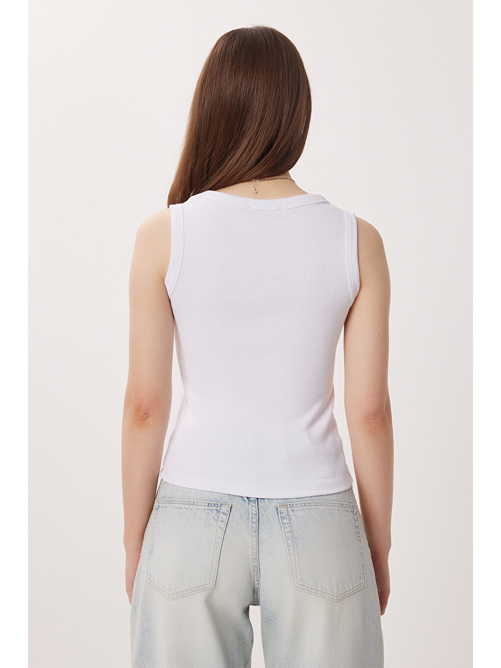 Beyaz V Yaka Basic Fitilli Örme Bluz BEYAZ LRN0029-3