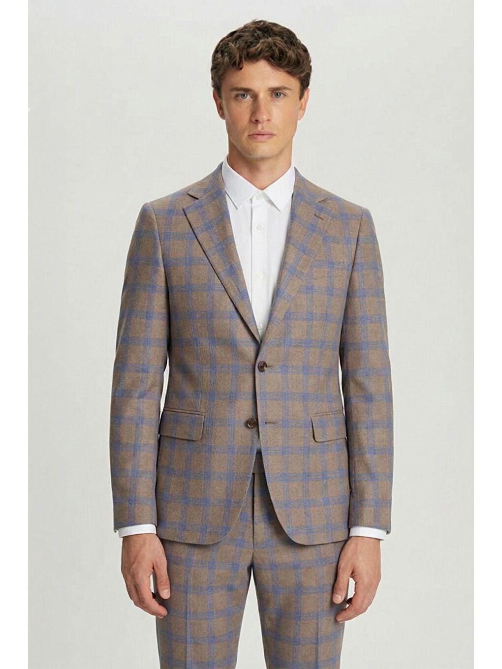 Bej Giotelli Vizon Slim Fit Mono Yaka Ekose Desenli Yelekli Takım Elbise