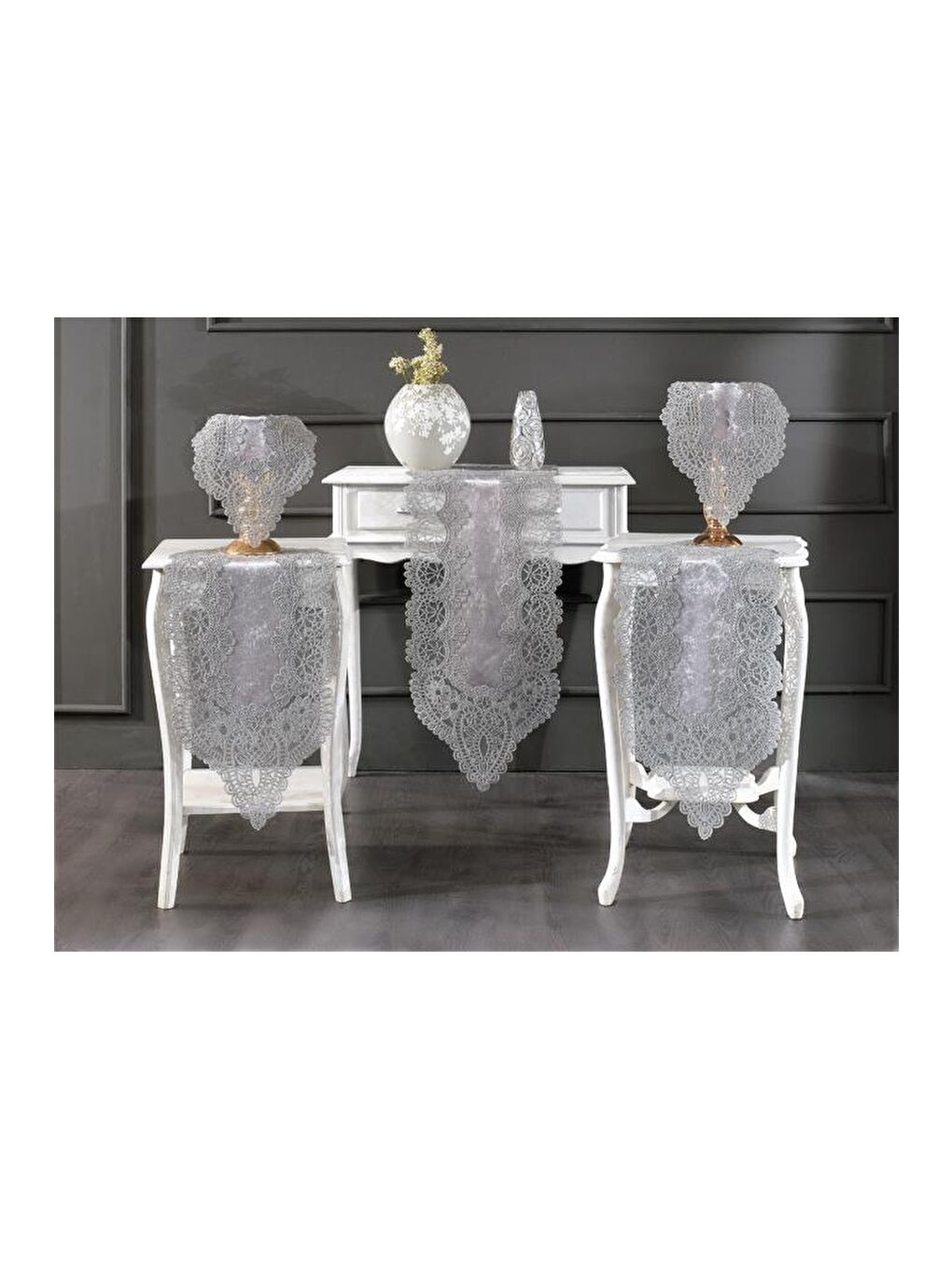 Fransız Güpürlü Kadife Luna Salon Takımı 5 Parça Gri-1