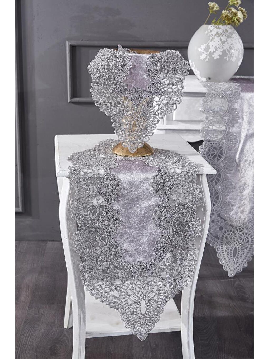 Fransız Güpürlü Kadife Luna Salon Takımı 5 Parça Gri-2