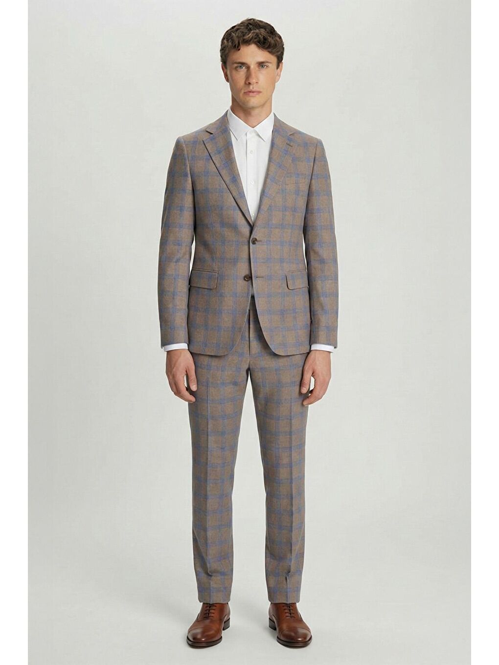 Bej Giotelli Vizon Slim Fit Mono Yaka Ekose Desenli Yelekli Takım Elbise-1