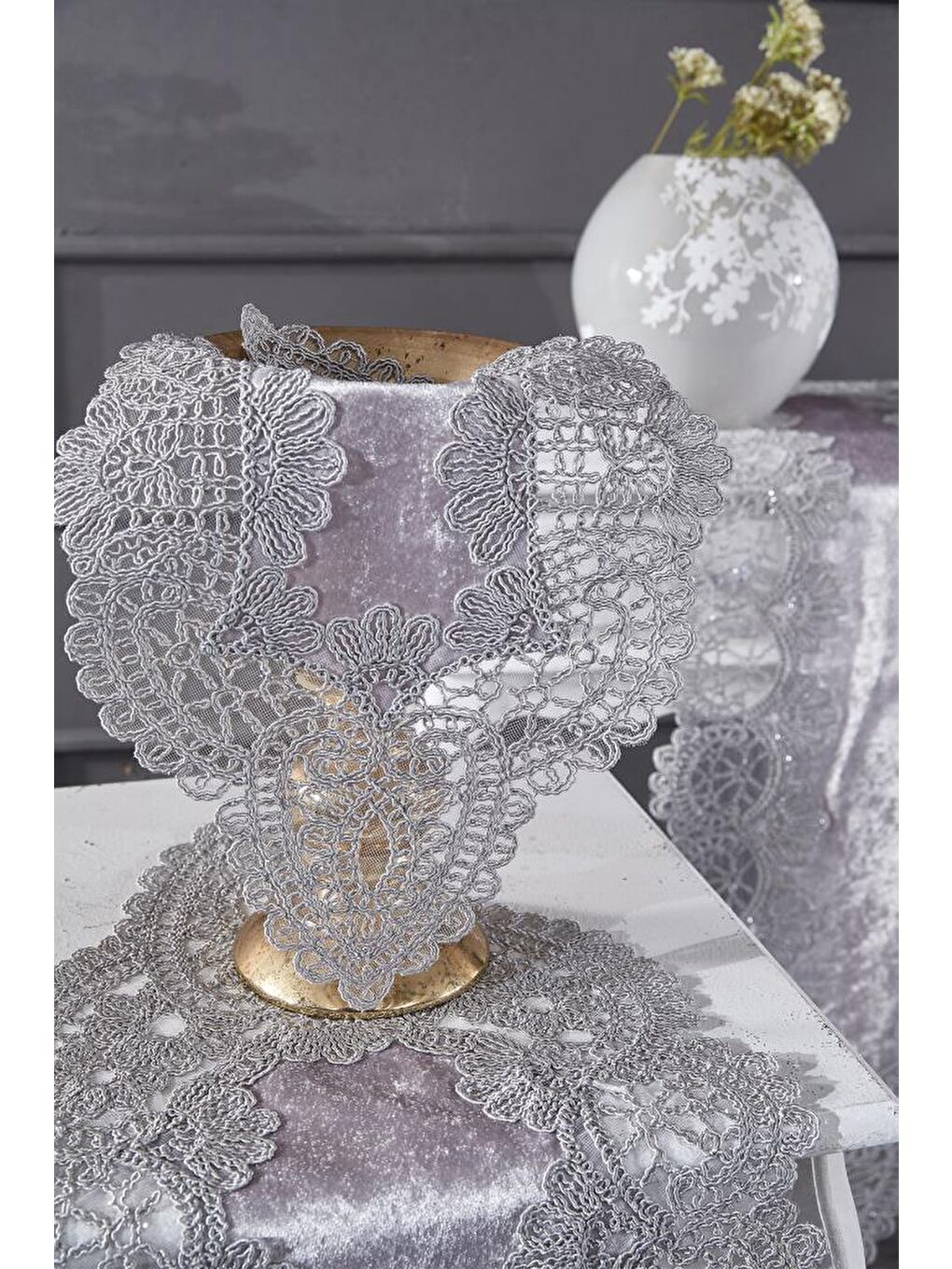 Fransız Güpürlü Kadife Luna Salon Takımı 5 Parça Gri-3