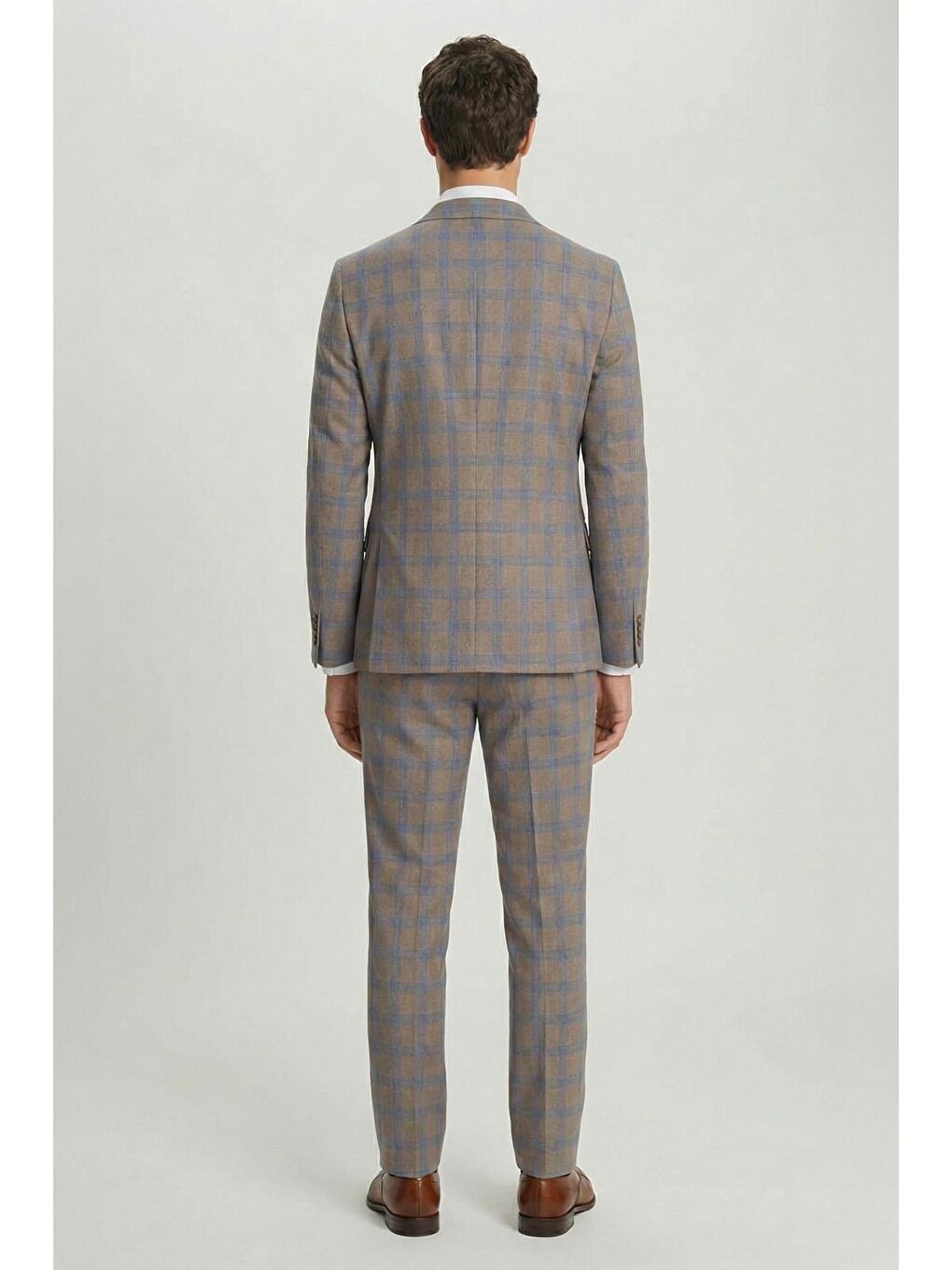 Bej Giotelli Vizon Slim Fit Mono Yaka Ekose Desenli Yelekli Takım Elbise-2