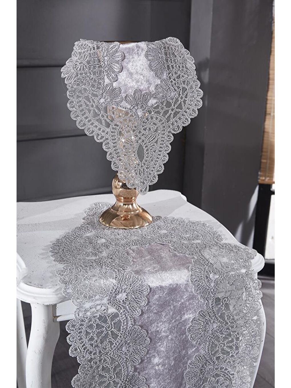 Fransız Güpürlü Kadife Luna Salon Takımı 5 Parça Gri-4