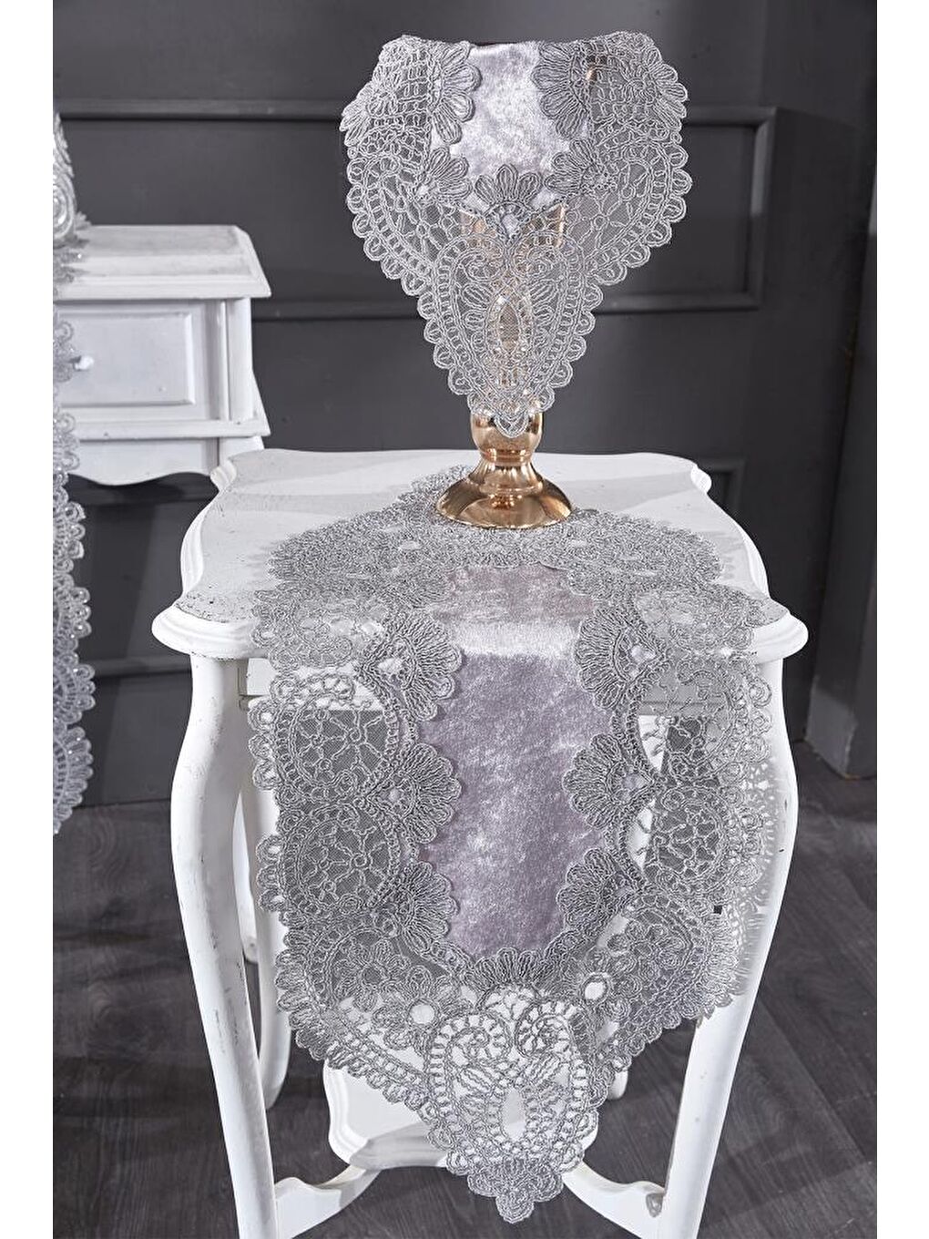 Fransız Güpürlü Kadife Luna Salon Takımı 5 Parça Gri-5