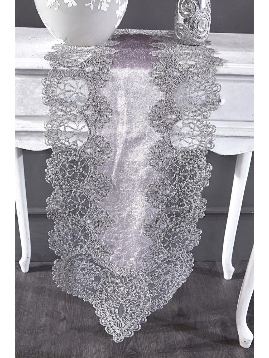 Fransız Güpürlü Kadife Luna Salon Takımı 5 Parça Gri-6